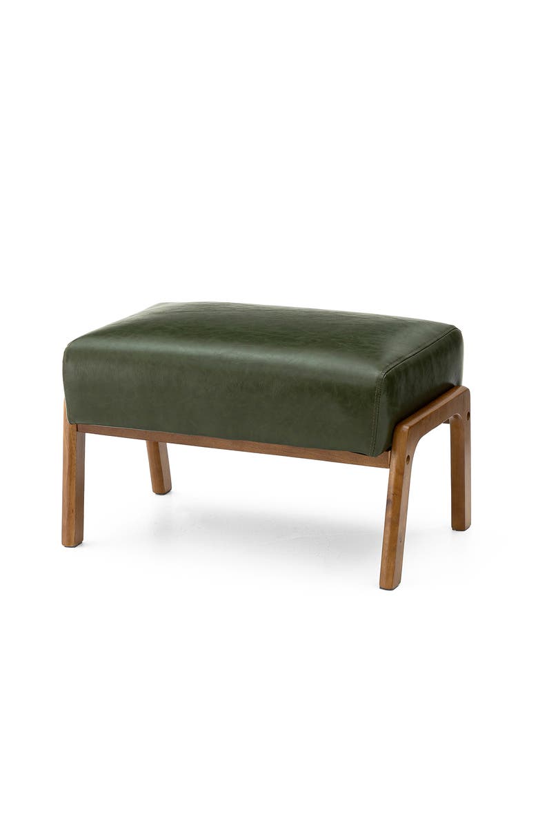 Glitzhome Mid-century Modern Faux Leather Accent Stool with Walnut Rubberwood Legs, Main, color, Green