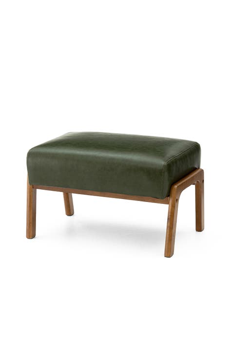Mid-century Modern Faux Leather Accent Stool with Walnut Rubberwood Legs