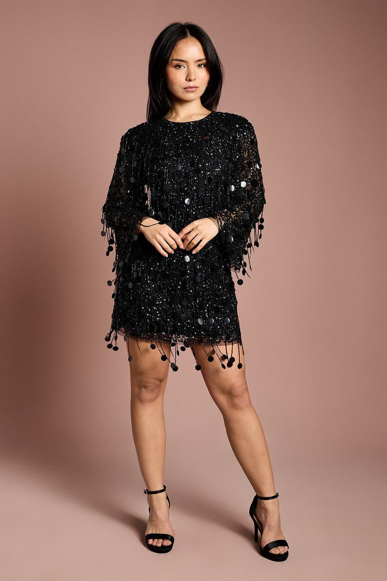 Petite Sequin Tassel Mini Dress, Alternate, color, Black