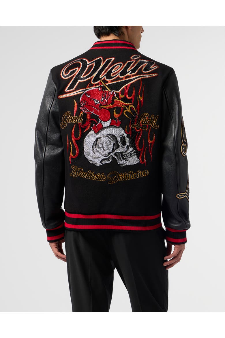 Varsity Bomber With Leather Sleeves Devil Skull Men, Alternate, color, black