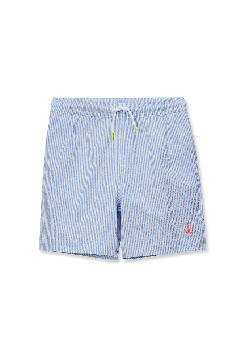 Boys Chlorine Resistant Seersucker Swim Trunks with Mesh Liner, Main, color, Light Blue Stripe