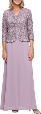 Alex Evenings Sequin Soutache Lace Empire Waist Chiffon Gown with Jacket