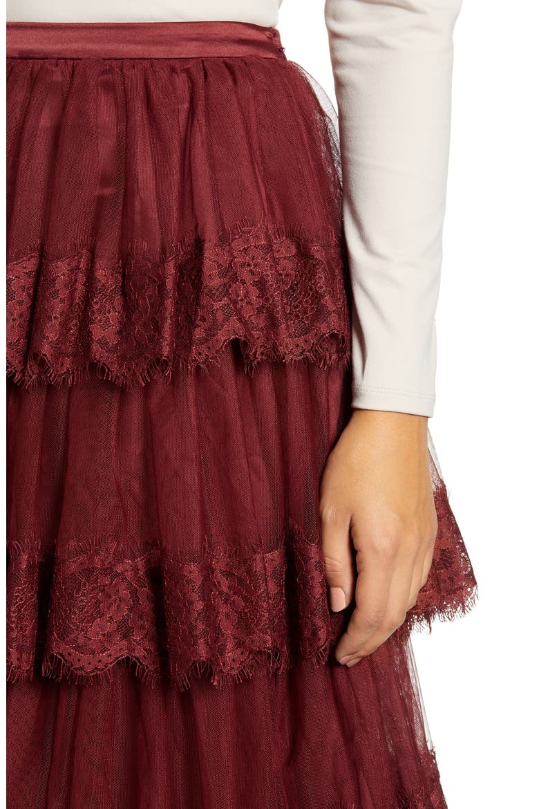 Lace Trim Tiered Mesh Skirt, Alternate, color, RED GRAPE