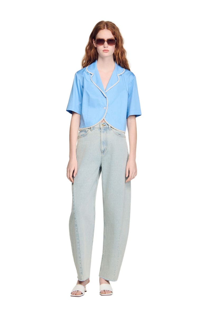 SANDRO Cotton shirt with beaded trim, Alternate, color, Blue