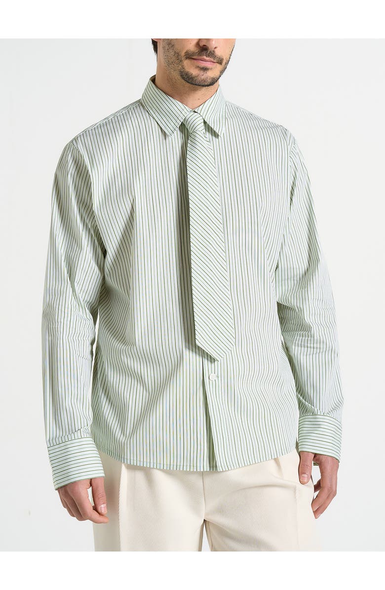 Manière De Voir Dylan Unisex Pinstripe Long Sleeve Shirt With Detachable Tie, Alternate, color, Sage
