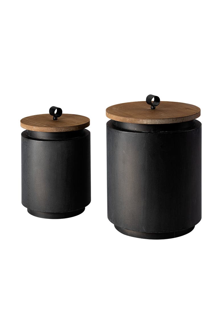 Cyril Set of 2 Metal W/ Wood Lids Jars, Main, color, Black