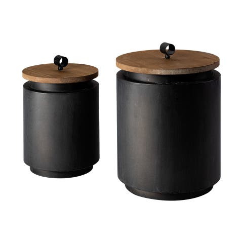 Cyril Set of 2 Metal W/ Wood Lids Jars