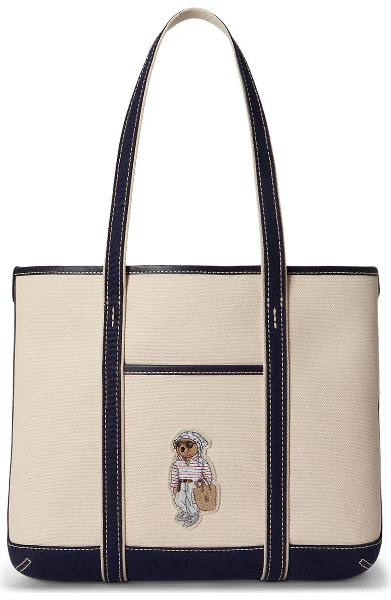 Polo Ralph Lauren Small Polo Bear Canvas Shopper Tote, Main, color, Ecru/ Newport Navy