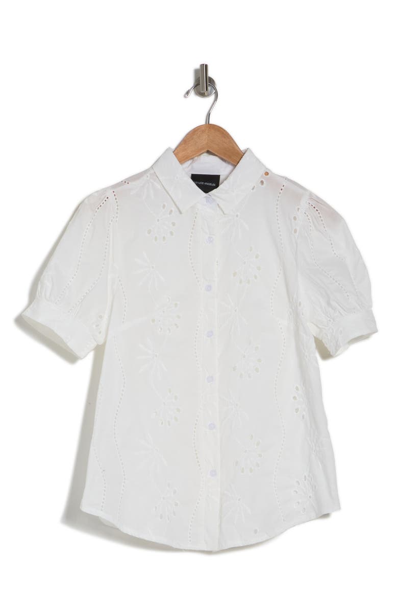 Embroidered Cotton Eyelet Short Sleeve Button-Up Shirt, Alternate, color, WHITE