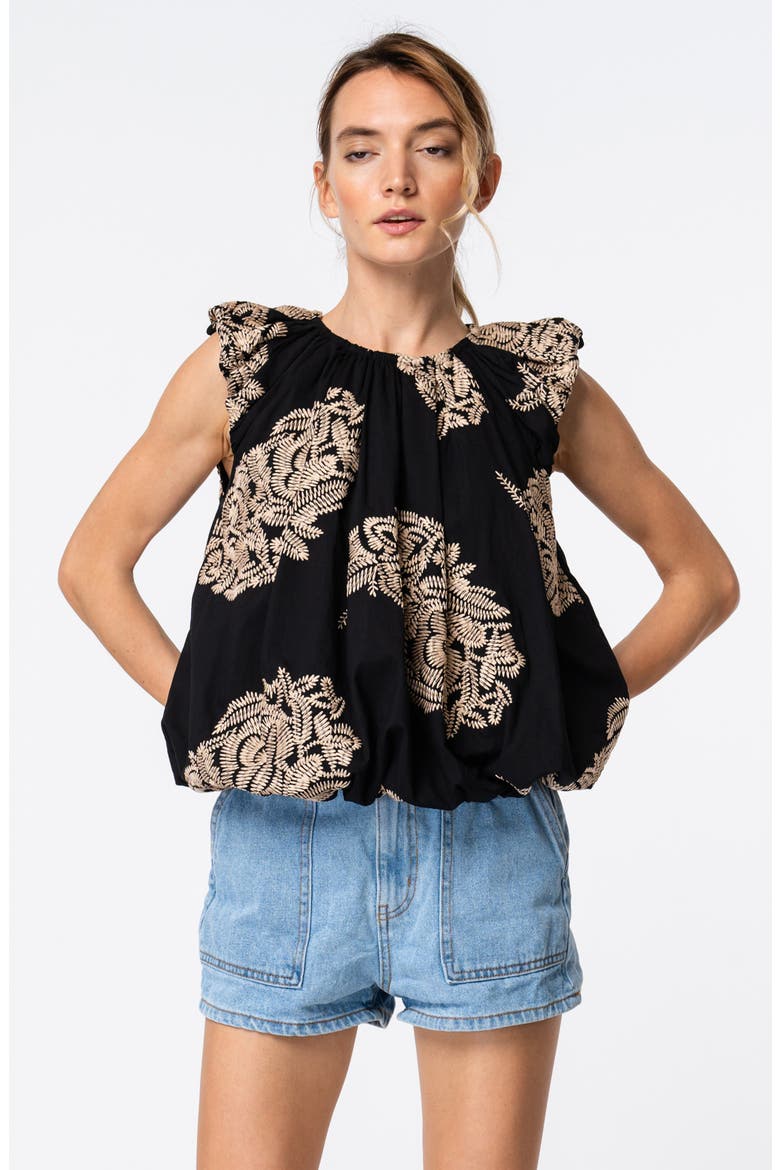 Sabrina Embroidered Bubble Hem Cotton Top, Alternate, color, BLACK CREAM
