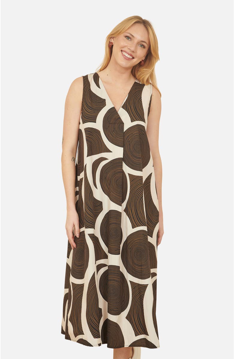 Yumi Sleeveless V-Neck Trapeze Midi Dress, Alternate, color, Brown