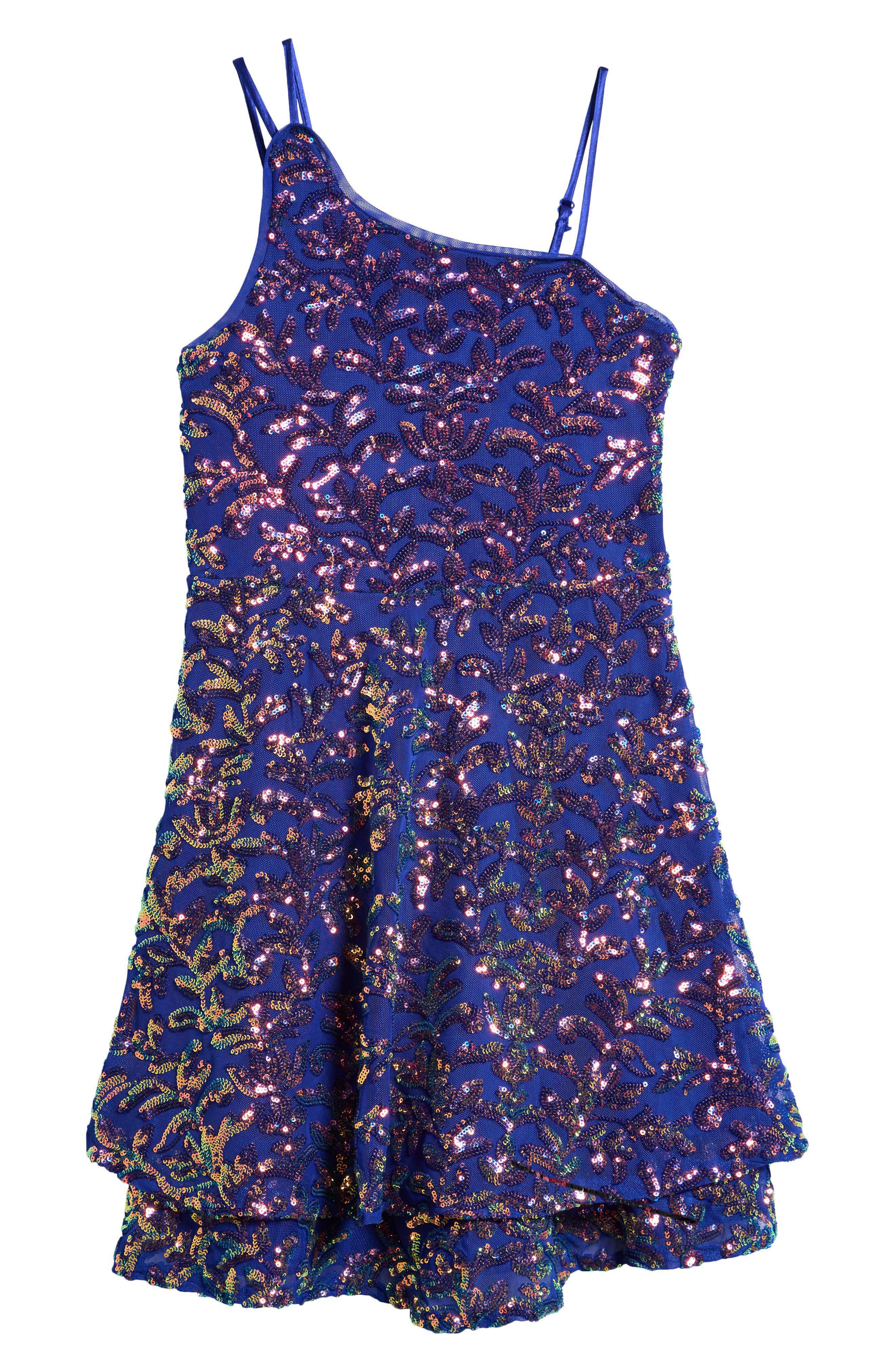 LOVE, NICKIE LEW Kids' Sequin Asymmetric Neck Party Dress in Navy Fuchsia 