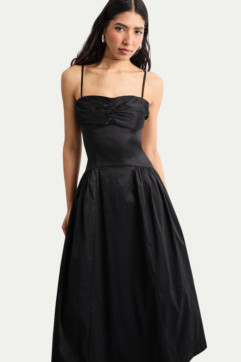 Dropped Waist Ruched Bust Midi Dress, Alternate, color, Black
