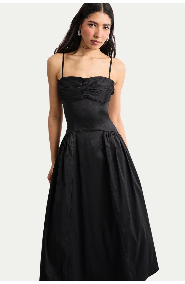 Warehouse Dropped Waist Ruched Bust Midi Dress, Alternate, color, Black