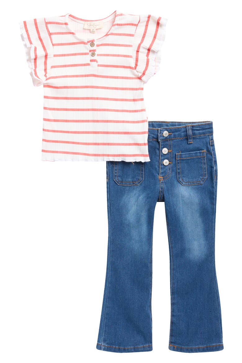 Kids' Ruffle T-Shirt & Wide Leg Jeans Set, Main, color, CORAL PINK