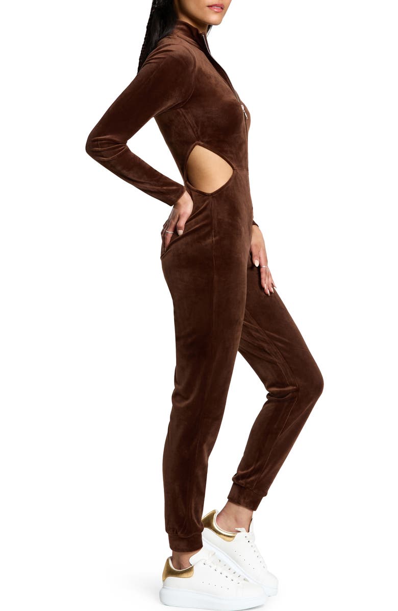 Juicy Couture Bling Cutout Long Sleeve Velour Jumpsuit, Alternate, color, 