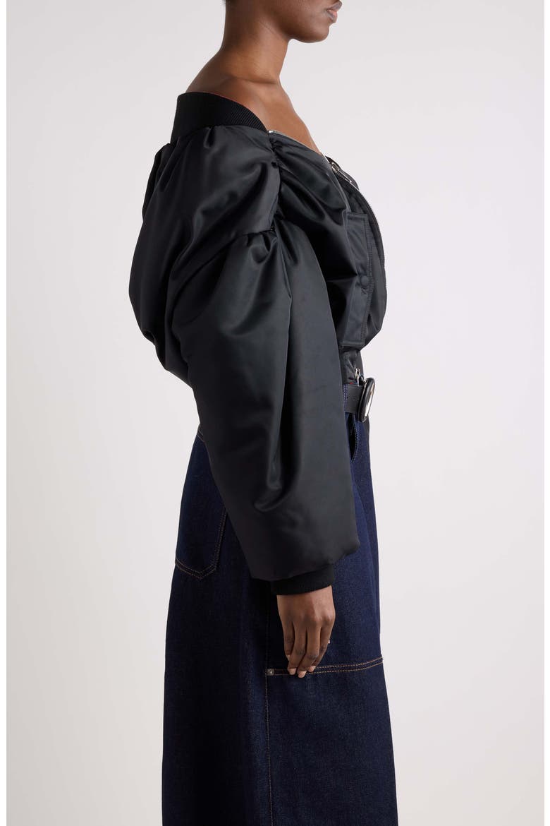Off the Shoulder Bomber Jacket, Alternate, color, BLACK