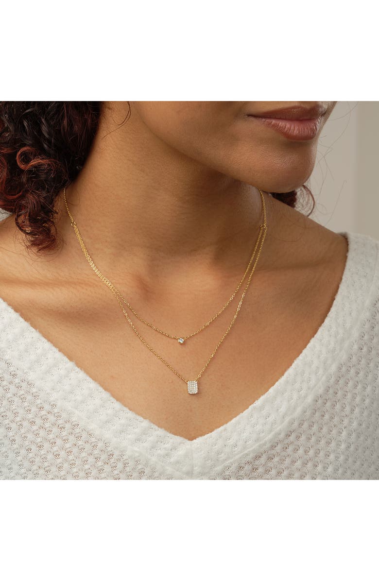 Sterling Forever 14K Yellow Gold Plated Bezel Cubic Zirconia Tag Layered Necklace, Alternate, color, Gold