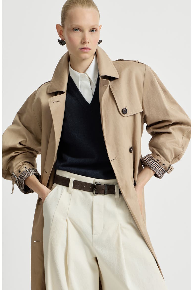 Cotton and linen twill trench with monili, Alternate, color, Camel