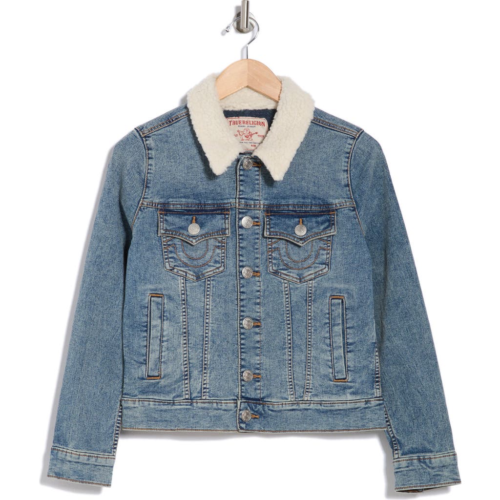 True Religion Faux Shearling Trim Trucker Jacket In Light Chilly Wash