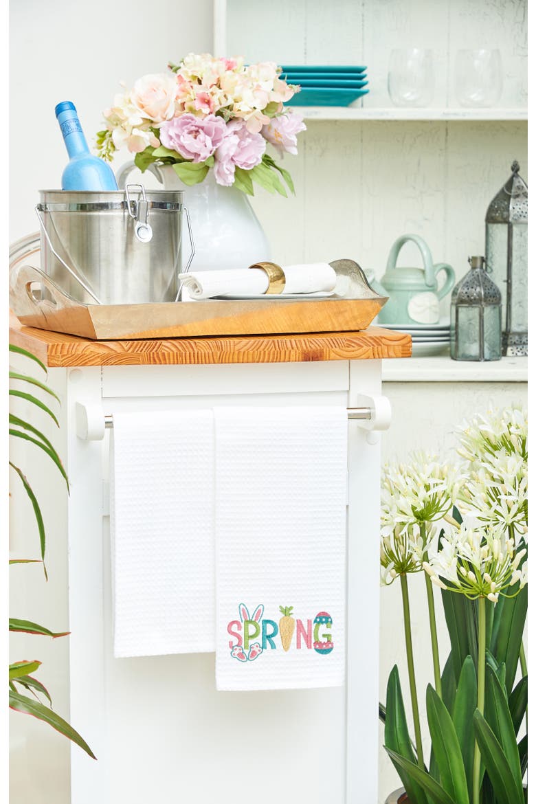 "Spring" Easter Egg Bunny Rabbit Embroidered Cotton Waffle Weave Kitchen Dishtowel, Alternate, color, White