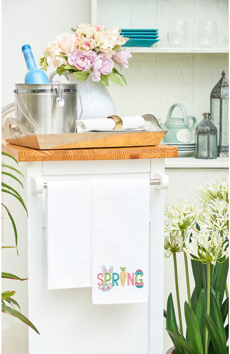 C&F Home "Spring" Easter Egg Bunny Rabbit Embroidered Cotton Waffle Weave Kitchen Dishtowel, Alternate, color, White