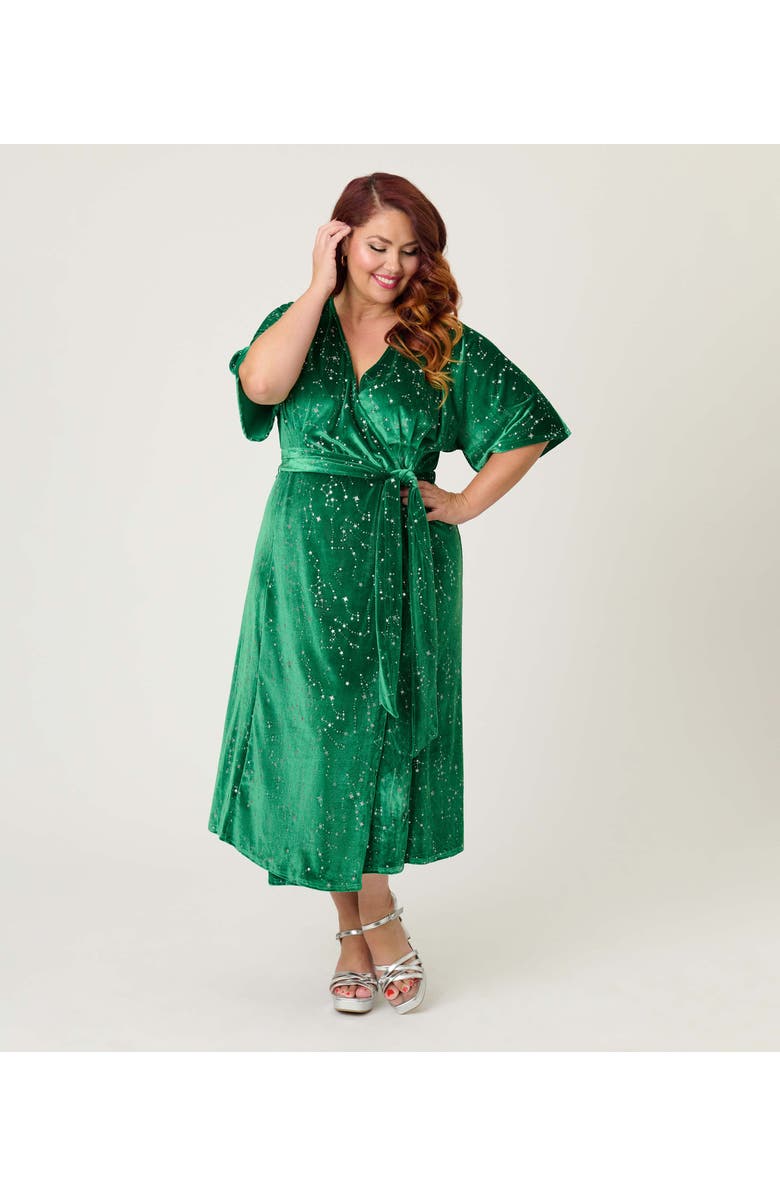 Unique Vintage Plus Size Velvet Tie Wrap Surplice Midi Dress, Main, color, Green & Silver
