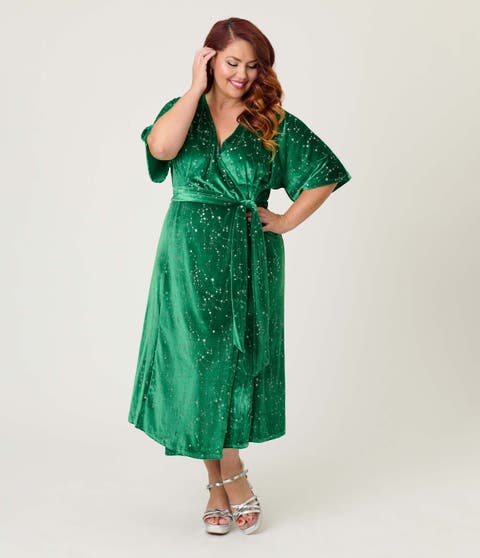 Plus Size Velvet Tie Wrap Surplice Midi Dress