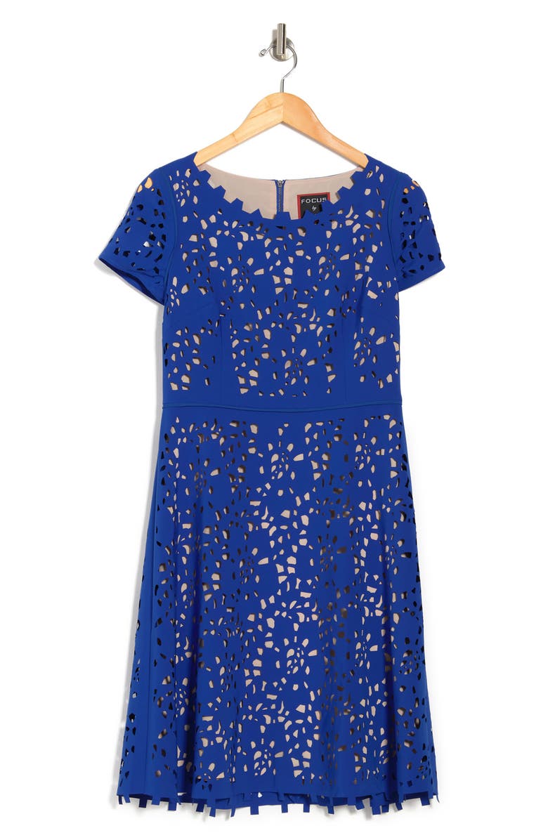 FOCUS BY SHANI Laser Cutout Short Sleeve Dress, Alternate, color, Blue/ Nude