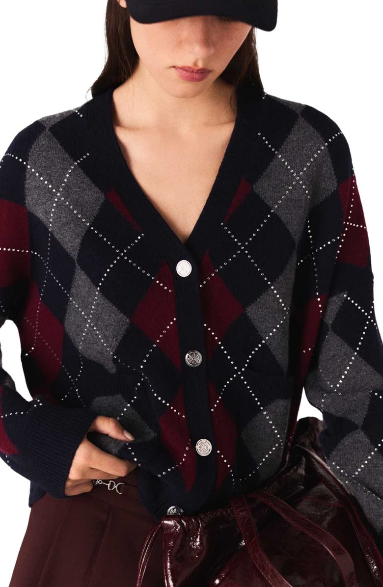 maje Cropped argyle pattern cardigan, Alternate, color, Navy