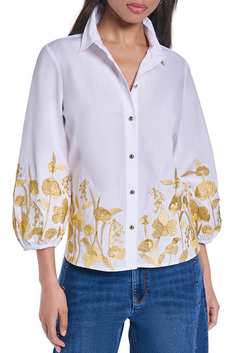 Embroidered Puff Sleeve Cotton Shirt, Main, color, WHITE