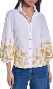 KARL LAGERFELD PARIS Embroidered Puff Sleeve Cotton Shirt