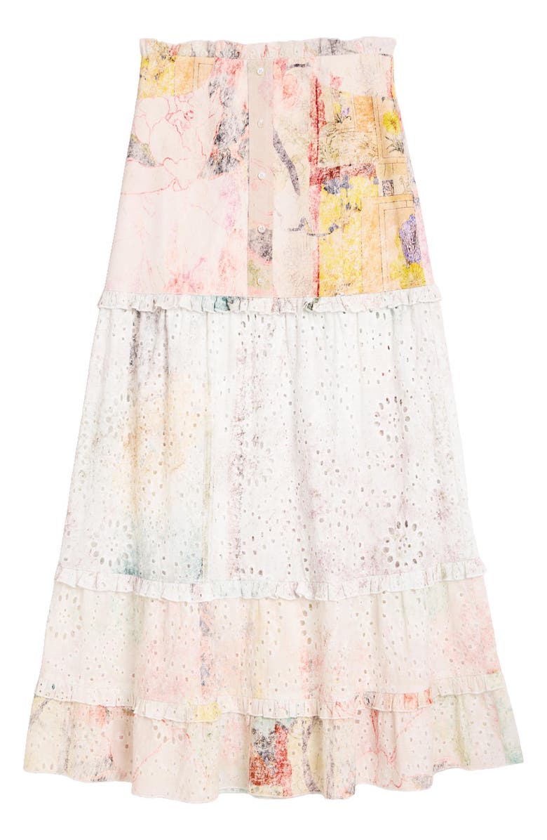 Desigual Floral Eyelet Embroidered Tiered Midi Skirt, Alternate, color, Off White