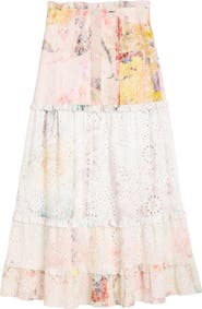 Desigual Floral Eyelet Embroidered Tiered Midi Skirt