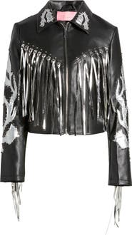 AZALEA WANG Western Fringe & Stud Faux Leather Jacket