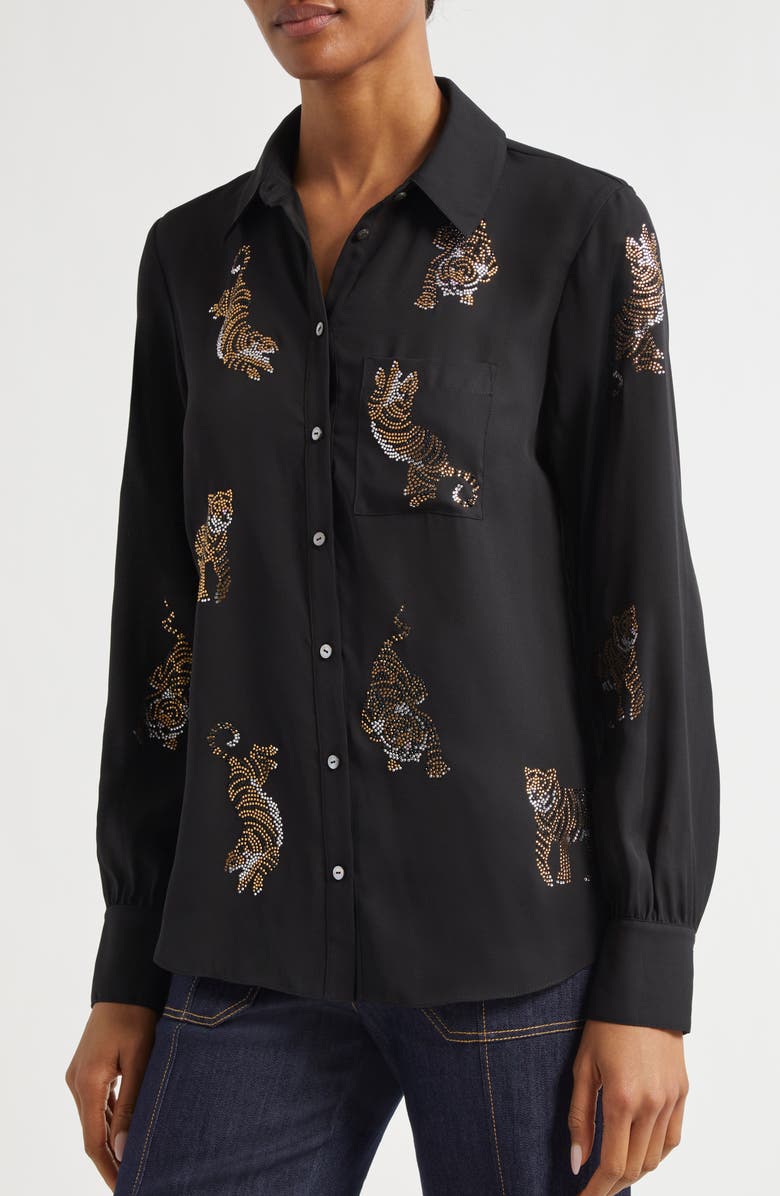 Cinq à Sept Blanche Beaded Tiger Detail Satin Button-Up Shirt, Alternate, color,