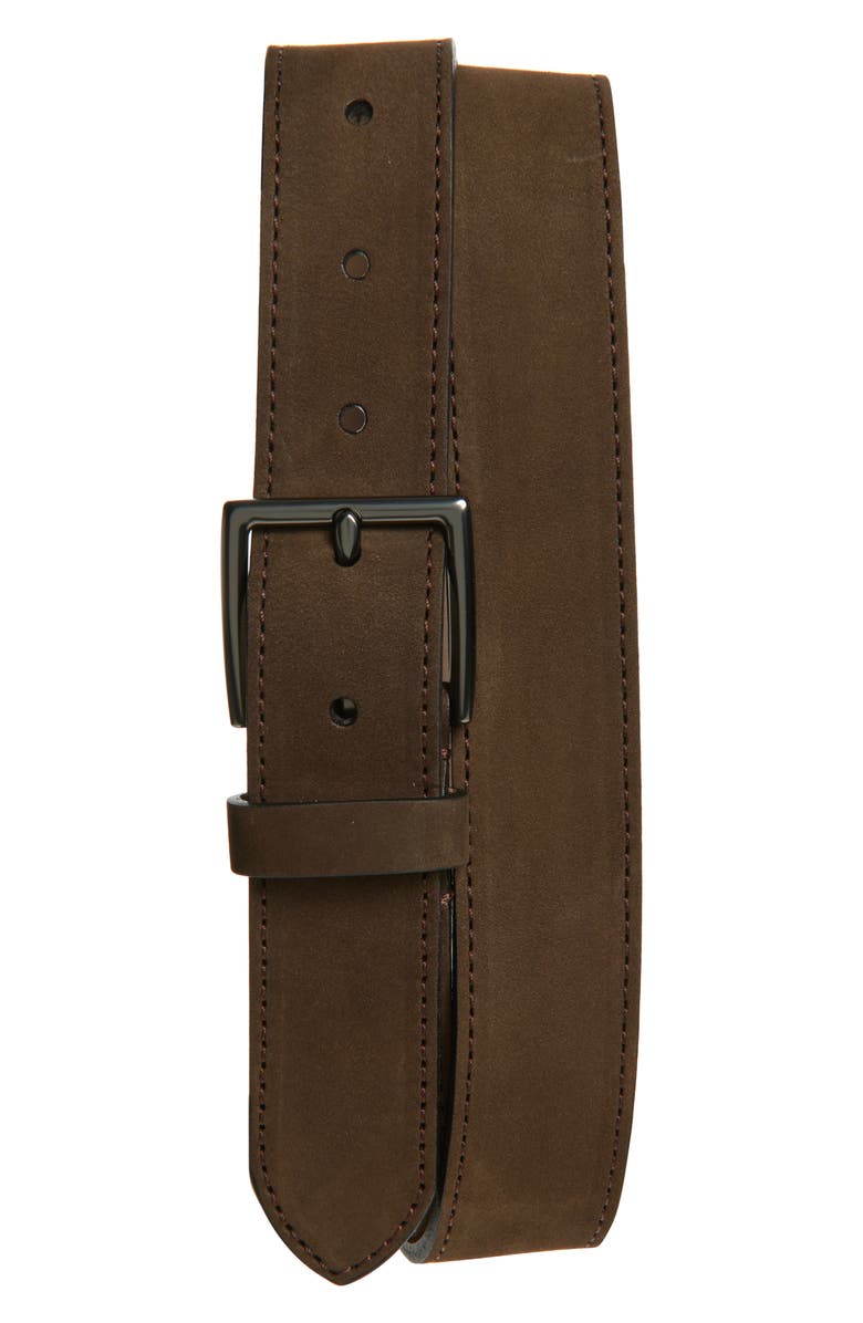 Vince Nubuck Leather Belt, Main, color, Dark Roast/ Matte Gunmetal
