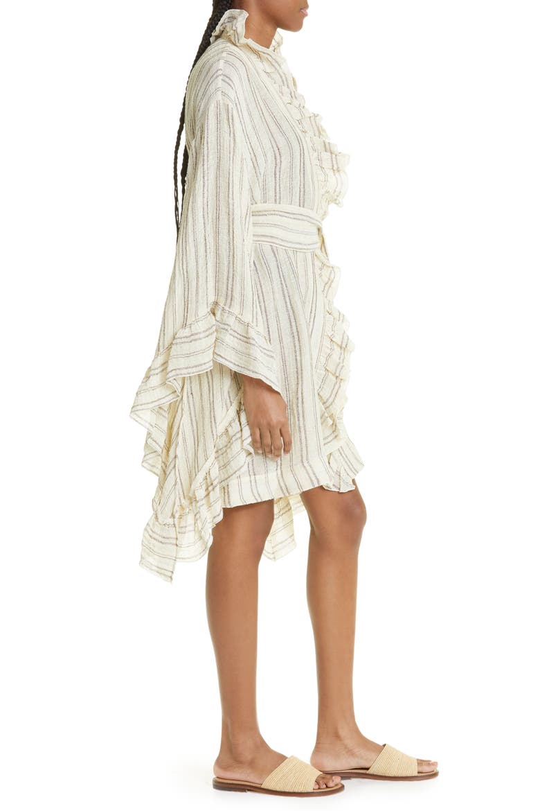 Anita Ruffle Linen Blend Cover-Up Robe, Alternate, color, NATURAL BROWN STRIPED