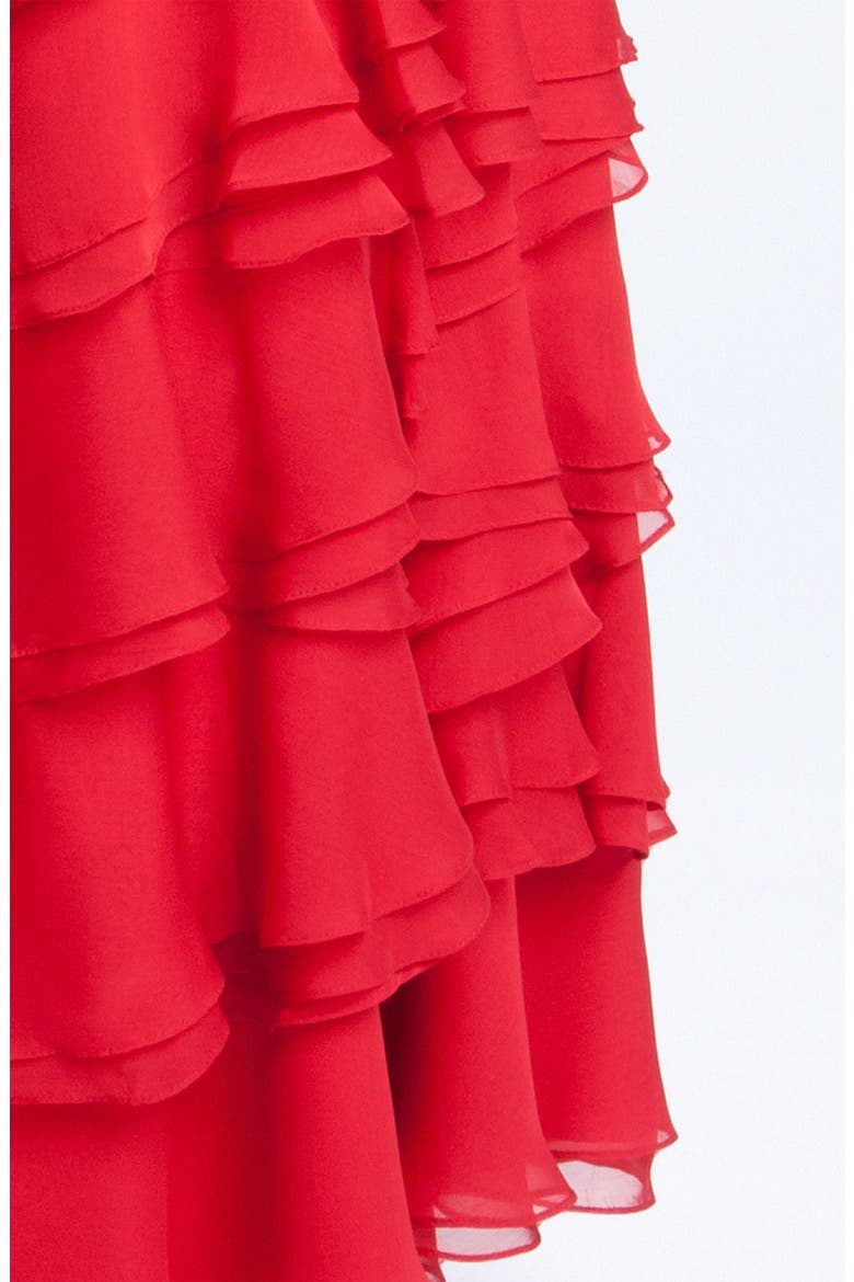 Ruched & Tiered Strapless Chiffon Gown, Alternate, color, SCARLET