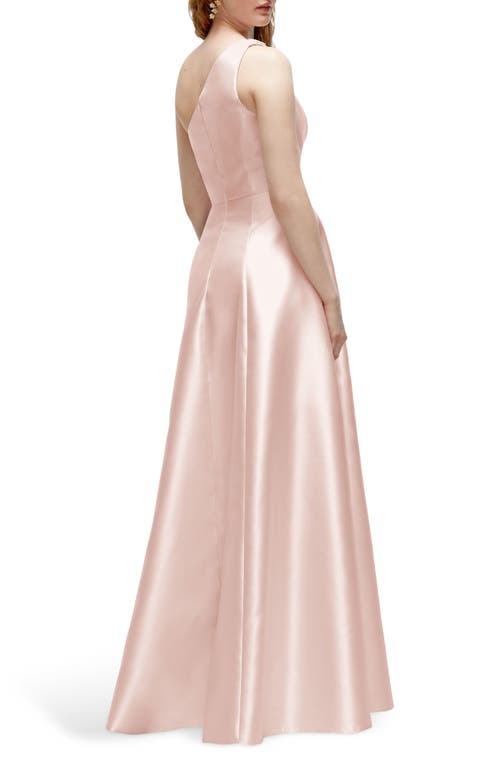 Alfred Sung Floral Appliqué One-shoulder Satin Gown In Blush
