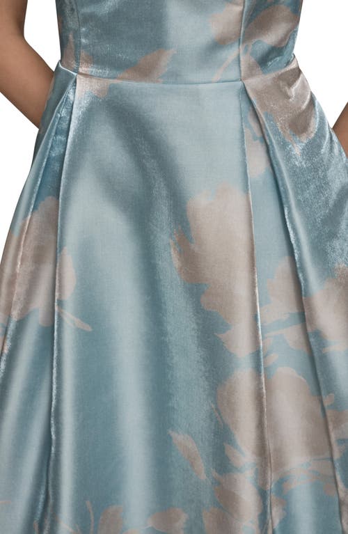 Donna Karan New York Floral Print Strapless Satin Gown In Blue