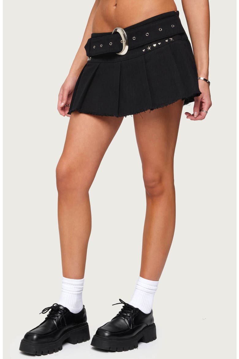 Kore Belted Pleated Raw Hem Denim Miniskirt, Alternate, color, BLACK