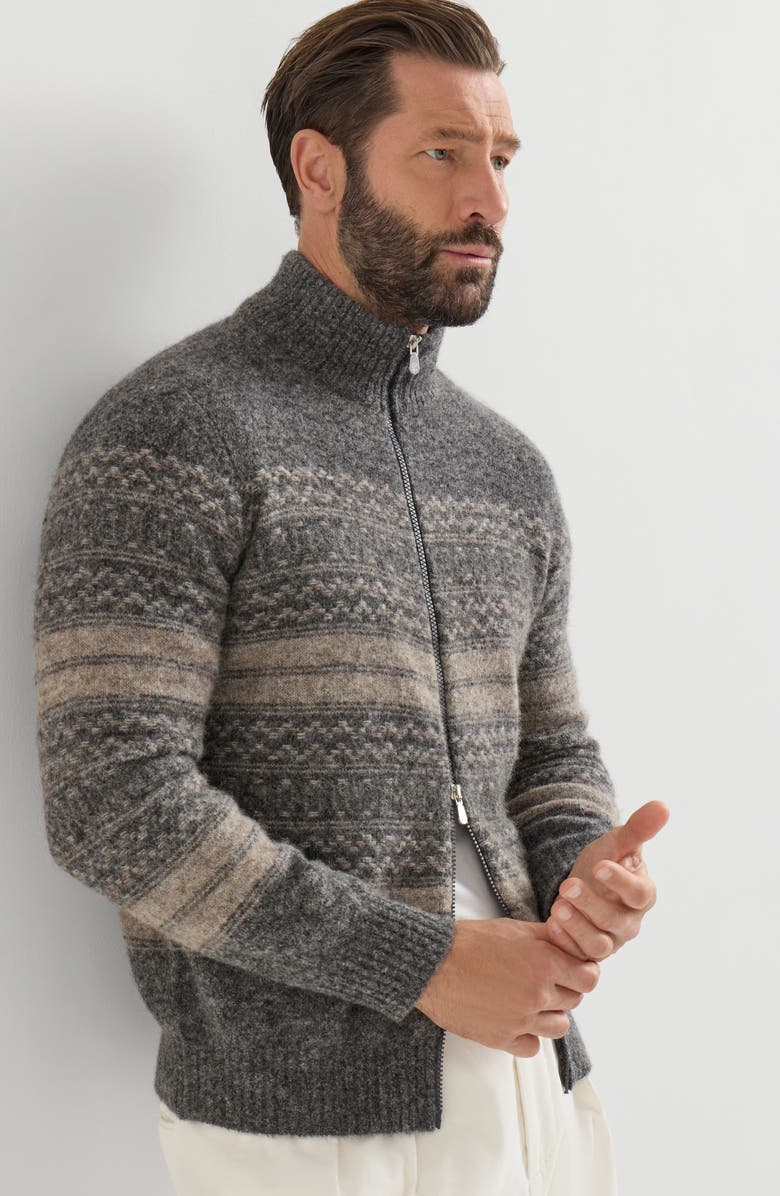 Brunello Cucinelli Alpaca, cashmere and wool nordic jacquard high-neck cardigan with zip, Alternate, color, Black