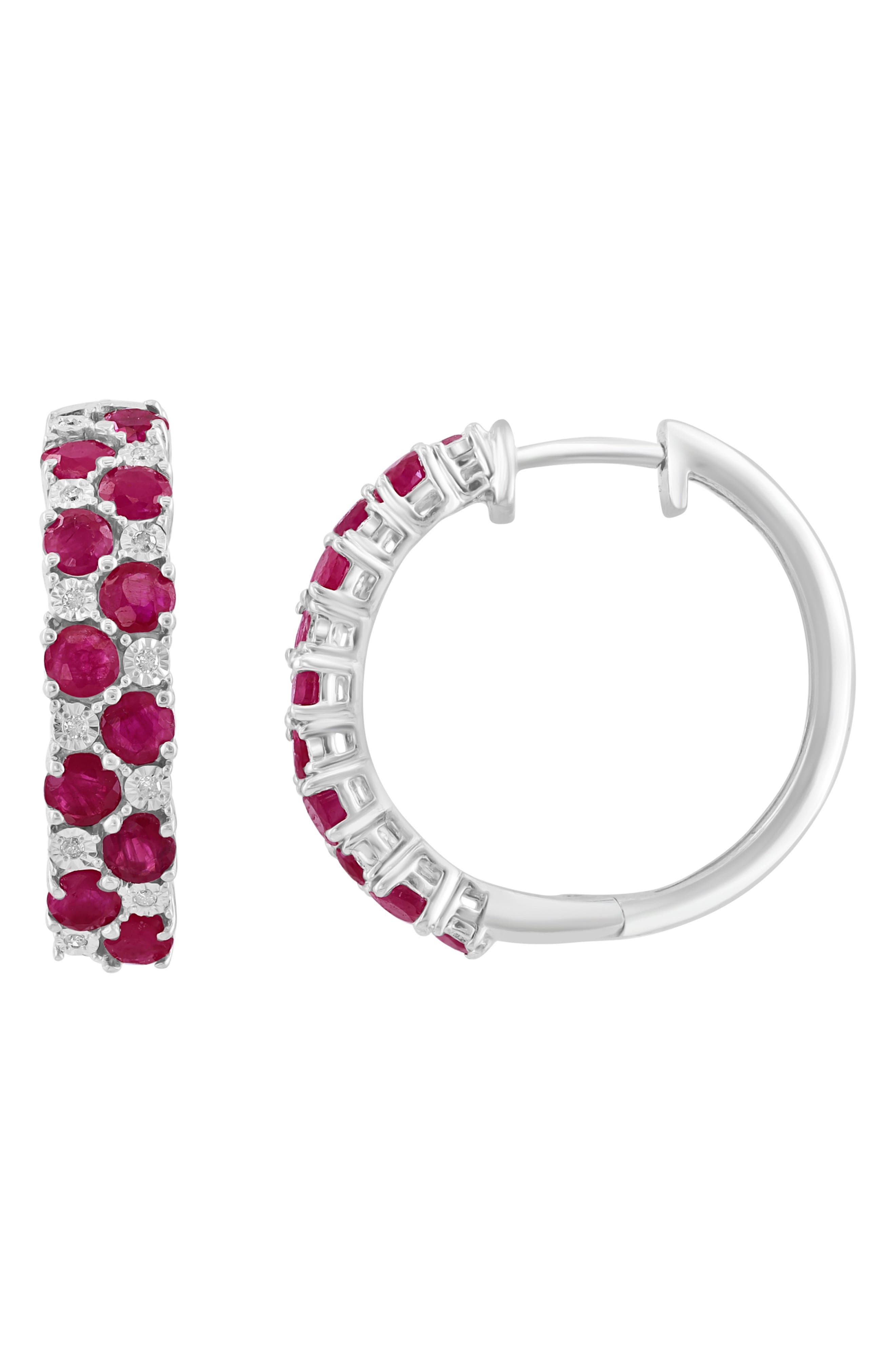 Sterling Silver Ruby & Diamond Hoop Earrings
