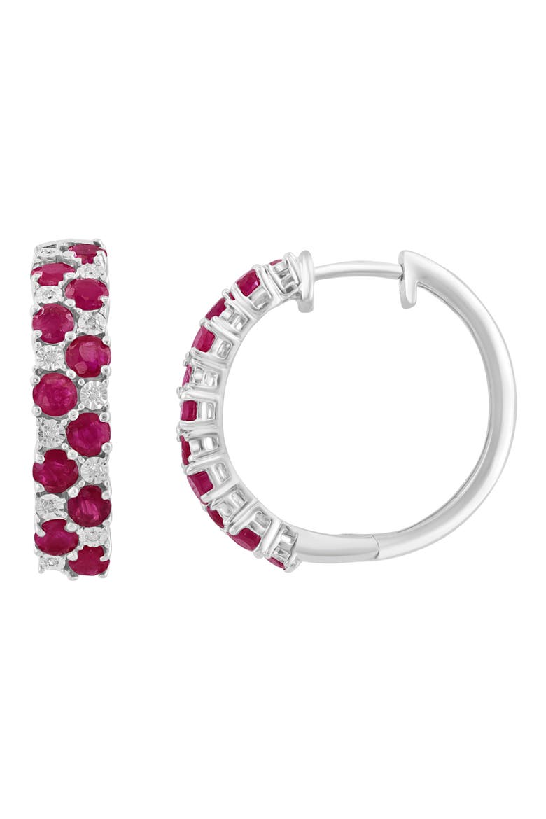 Sterling Silver Ruby & Diamond Hoop Earrings, Main, color, RED