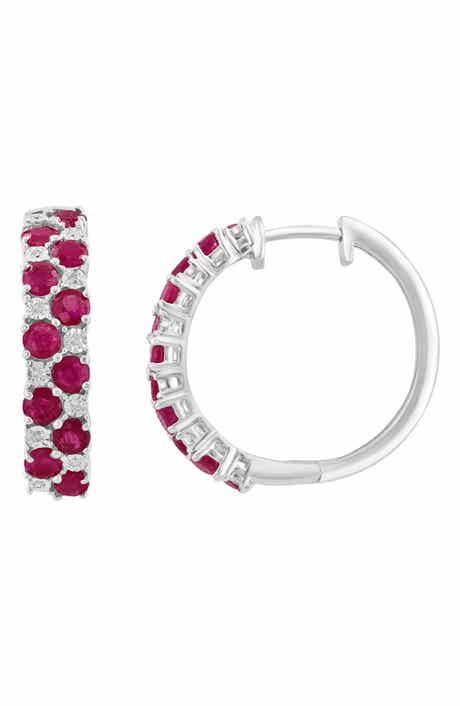 Sterling Silver Ruby & Diamond Hoop Earrings