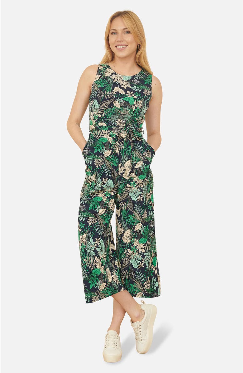 Yumi Sleeveless Leaf Print Culotte Jumpsuit, Main, color, Navy