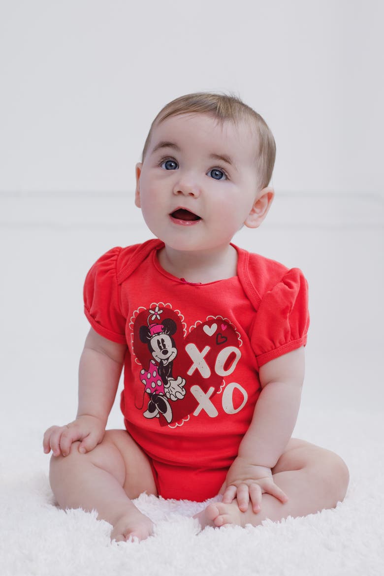 Mickey Mouse & Friends Holiday Short Sleeve Bodysuit, Alternate, color, Bright Red Minnie