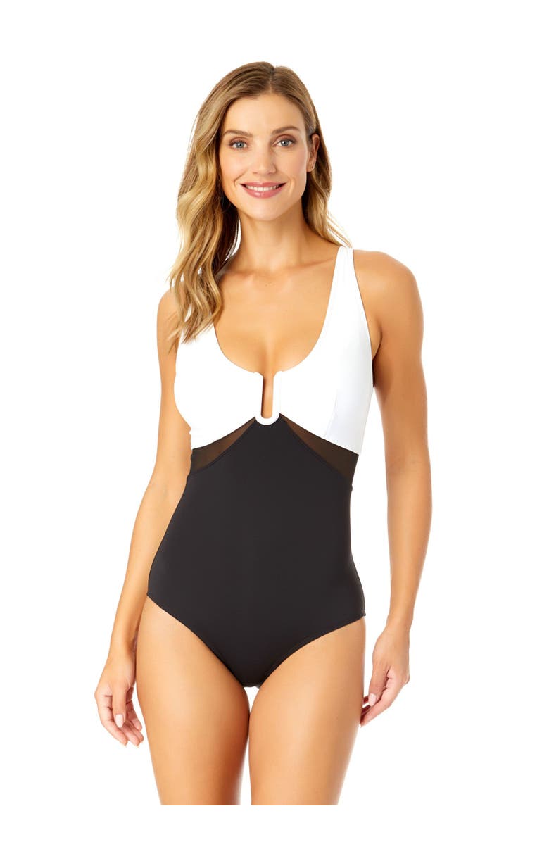 Anne Cole Women's Mesh Around U Ring Mesh Insert One Piece Swimsuit, Main, color, Black & White