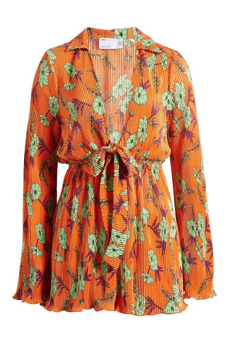Floral Long Sleeve Plissé Romper, Alternate, color, ORANGE MULTI
